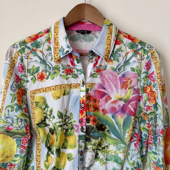 Otto Kern Tropical Resort Scarf Print Shirt Sz 40 US 10 Button Front - Picture 2 of 7